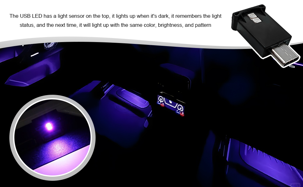 The USB LED has a light sensor on the top, it lights up when it's dark.