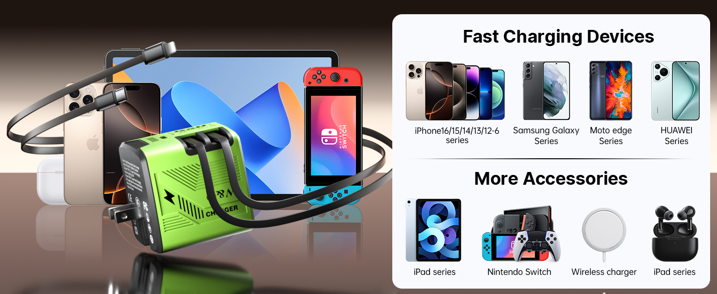 Charger compatible with Apple, Samsung, earbuds, PSP, and tablets