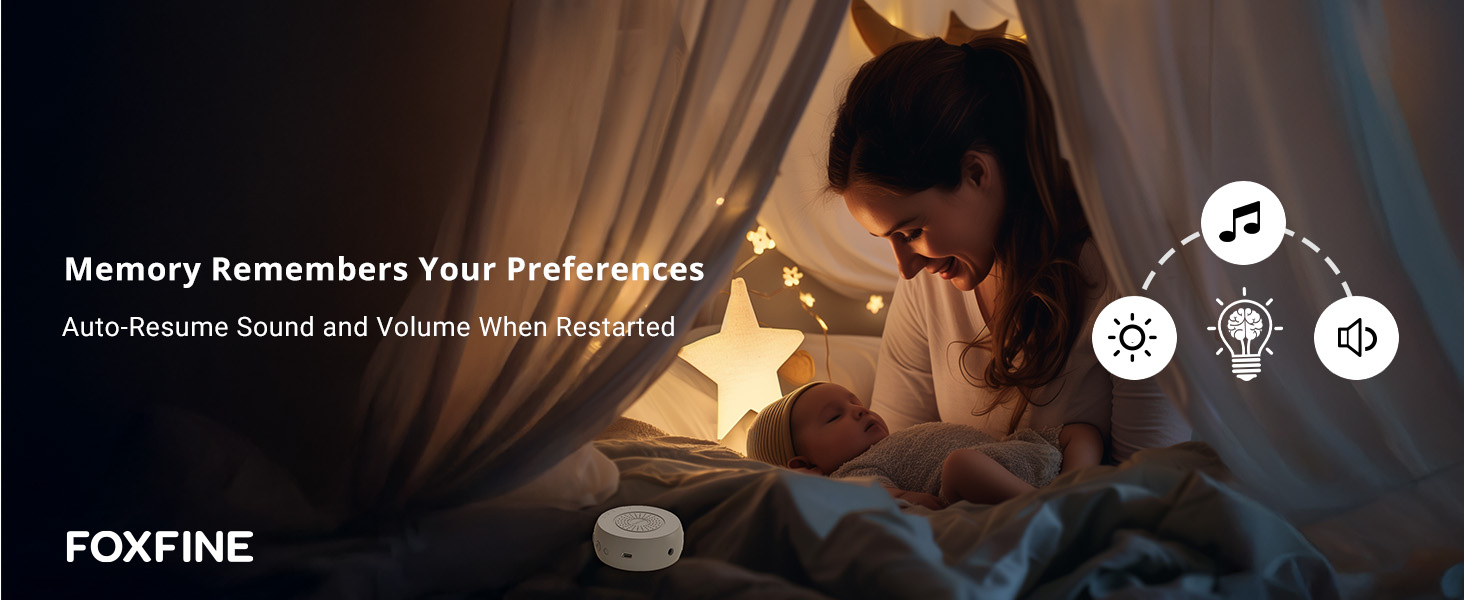 Child lies in his mother's arms with FOXFINE resuming previous sound before the last shutdown