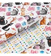 Yarcony Reversible Cat Wrapping Paper Roll, Happy Birthday Wrapping Paper, Watercolor Cute Cat Ki...