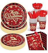 175 Pcs Merry Christmas Party Supplies Set - Serves 25, Festive Red and Black Plaid Disposable Ta...