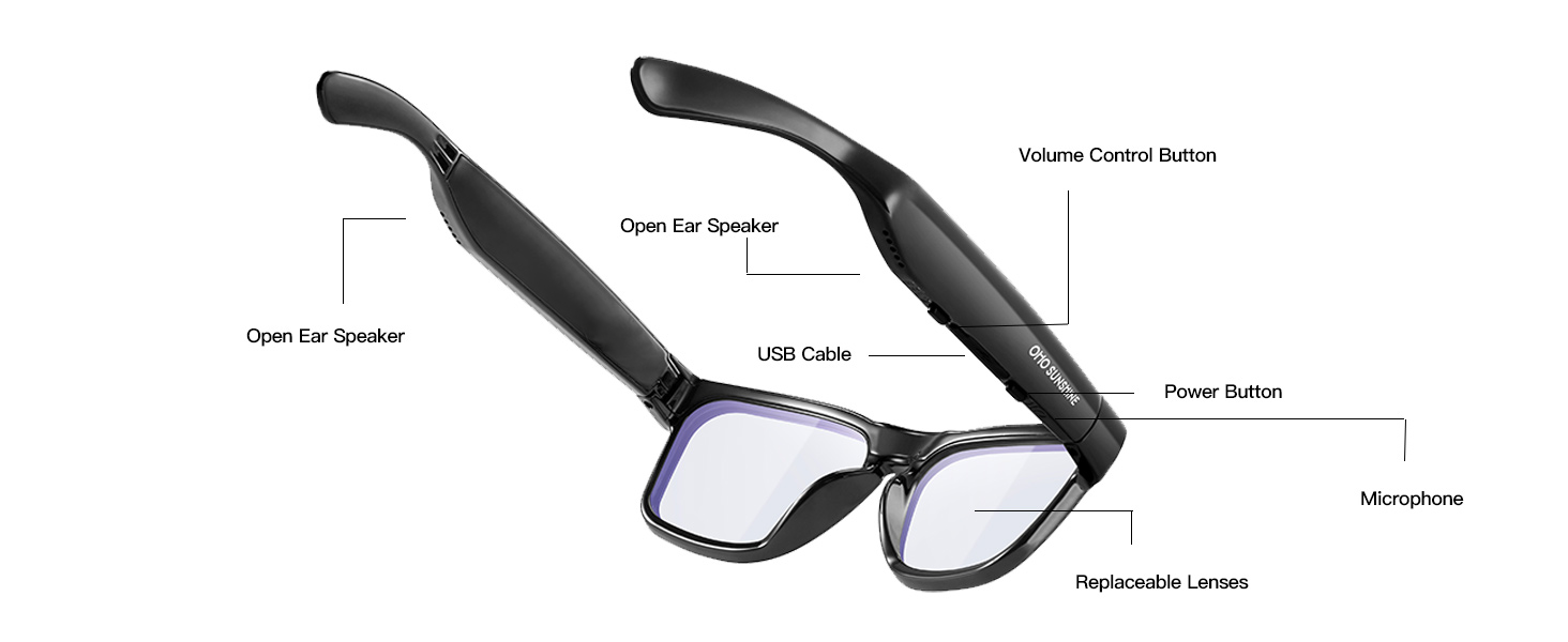 Sunglasses diagram with labeled parts: temple, nose pads, lenses. Black frame, curved arms.