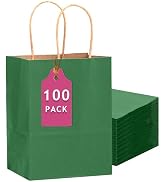 qiqee 100PCS Gift Bag with Handles Bulk Kraft Deep Green Paper Bags Multiple Uses (13''x5 x10 inc...