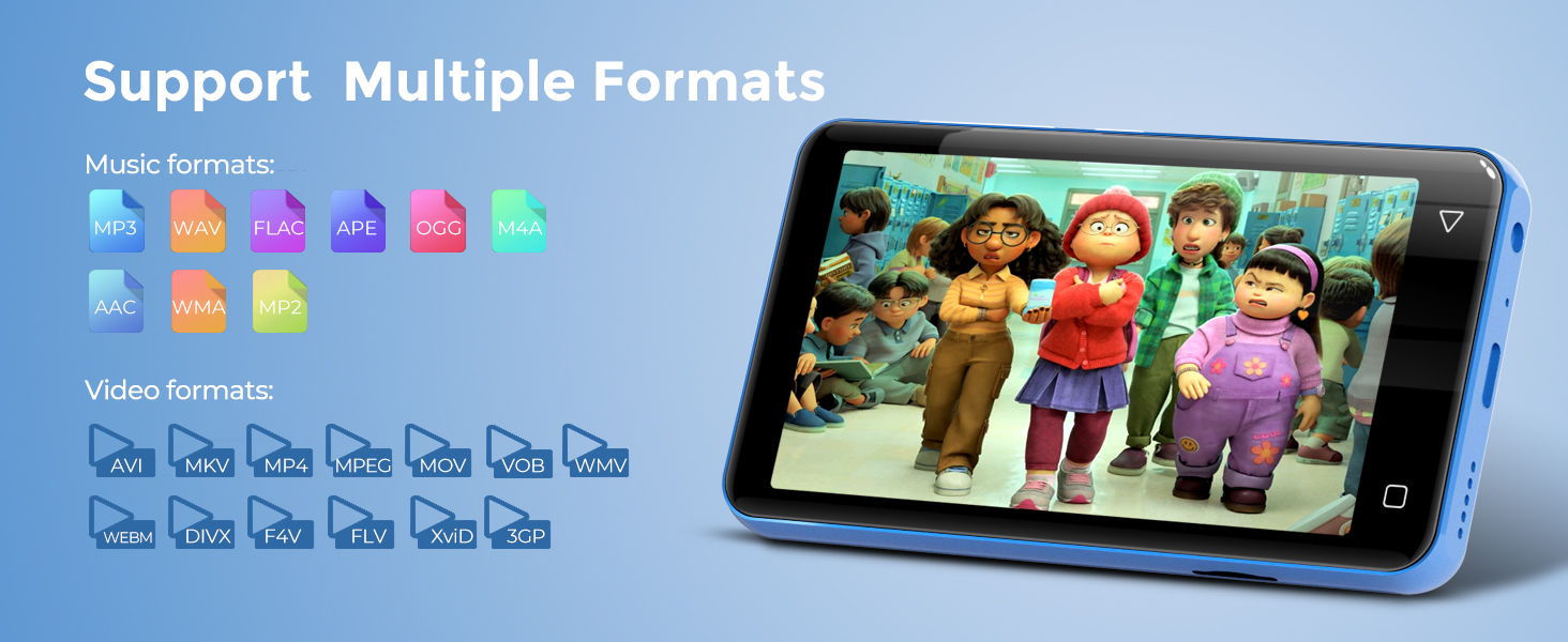 Blue tablet device displaying multiple media format support icons, showing both music and video file compatibility with colorful format indicators.