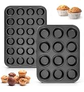 E-far Muffin Pan Set of 2, Regular 12-Cup & Mini 24-Cup Cupcake Pan | Nonstick Carbon Steel Muffi...