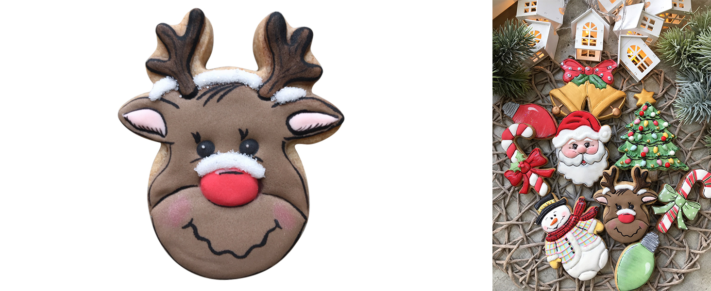 Decorated Reindeer Face cookies by J.Cookies.