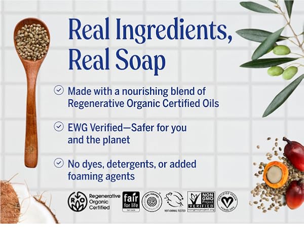 Real ingredients, real soap. simple ingredients, regenerative Organic Certified oils