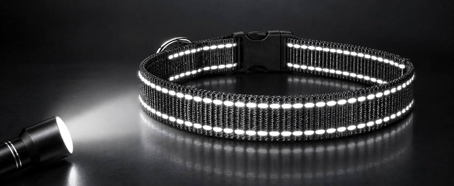 Each collar will utilize 2 special lines of reflective thread. Ensurethat dog will be seen at night