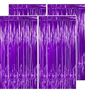 PatiCool Purple Tinsel Foil Fringe Curtain Backdrop - Thicken 4 Pack 3.2 x 8.2 Ft - Glitter Purpl...