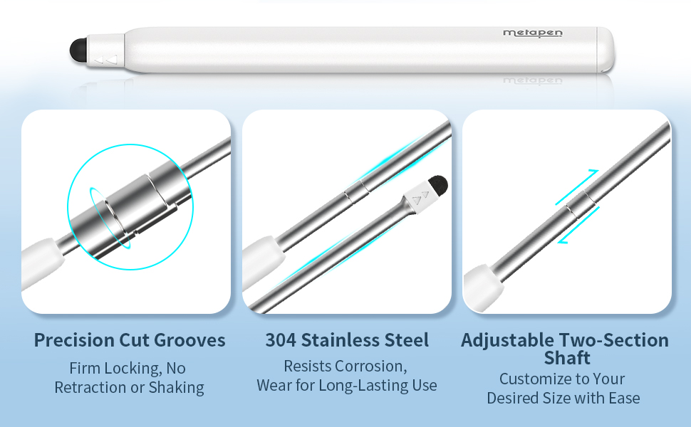 Stailess steel, precision cut grooves firm locking, adjustable 2 section shaft
