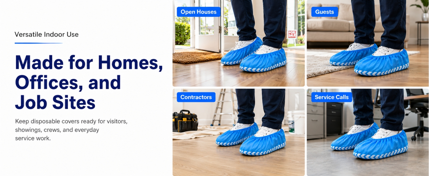 Disposable blue shoe covers for homes, offices, open houses, and service calls