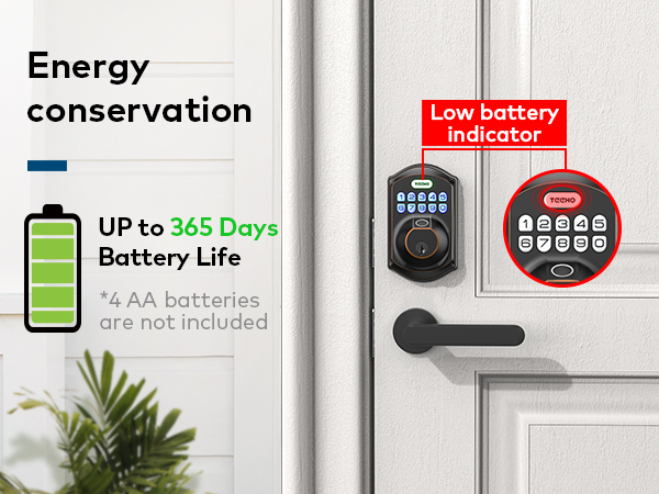 Powered by 4 AA batteries (not included) for up to 365 days, with low-battery alert below 15%
