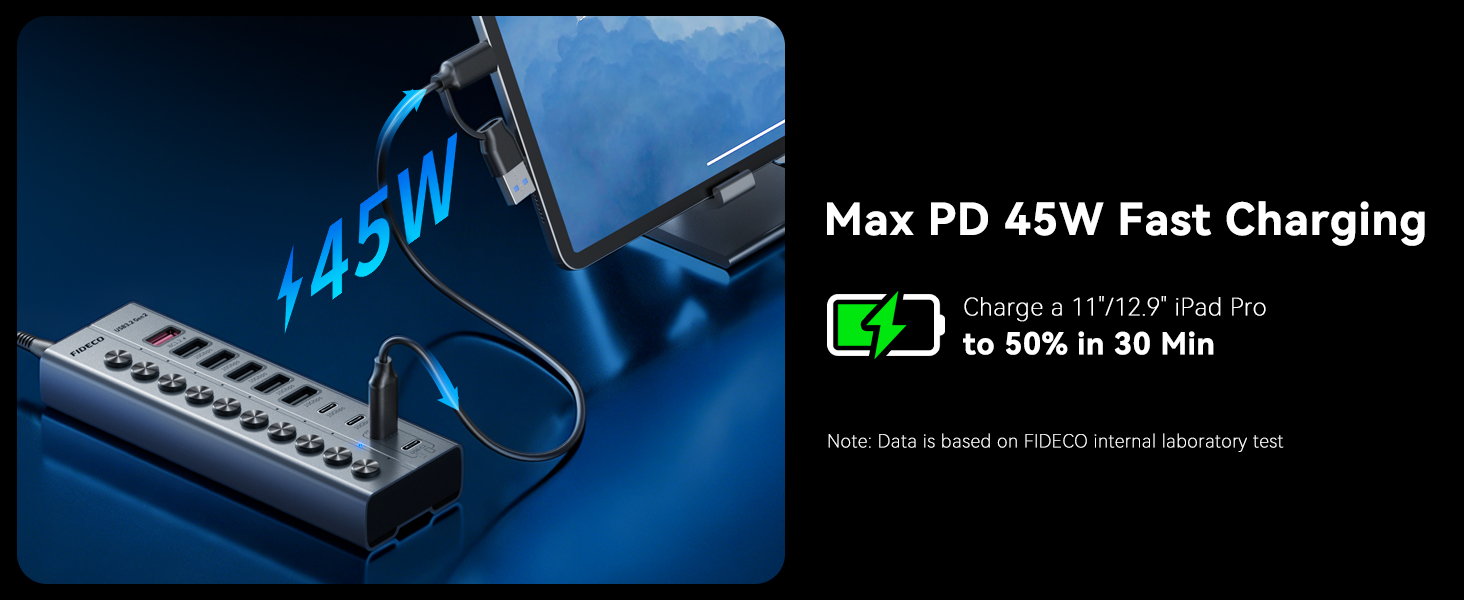 Text reads 'Max PD 45W Fast Charging' and '0-75% in 30 Min'. Blue device with charging indicator displayed against dark background, highlighting fast charging capability specifications.