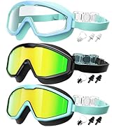 QALLY Kids Goggles Age 4-16, Anti-Fog UV 180°Clear View Kids Swim Goggles, 3 Pack Swimming Goggle...