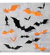 LOLStar 72PCS Halloween Bats Decoration, 4 Different Sizes Realistic PVC Black and Orange 3D Scar...