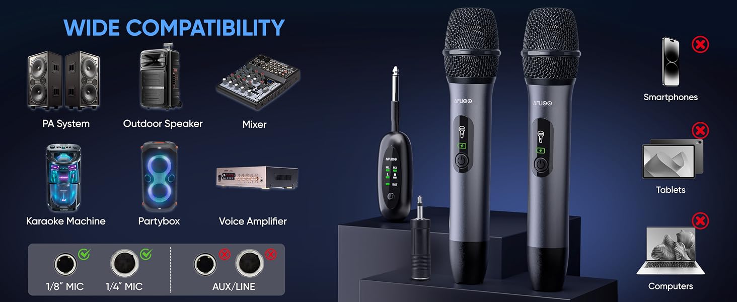 Metal Cordless Mic 2 Pack for Karaoke Machines, PA Systems, PartyBox, not compatible with Computers