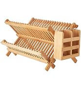 Worthyeah Bamboo Dish Drying Rack, 2 Tier Collapsible Dish Rack with Utensil Holder, Wooden Dish ...