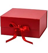 WRAPAHOLIC 2Pcs Red Gift Box with Satin Ribbon, 8x8x4 Inches Collapsible Gift Box with Magnetic C...