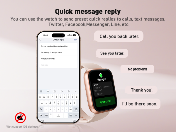 Smartwatch and smartphone showcasing quick message reply feature. Watch displays preset responses like 'Thank you!' and 'I'll be there soon.' Phone shows interface for composing messages.