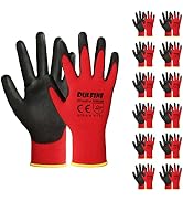 DULFINE Safety Work Gloves for Men & Women 12 Pairs, PU Coated Red XS | Seamless Knit, Smooth Gri...