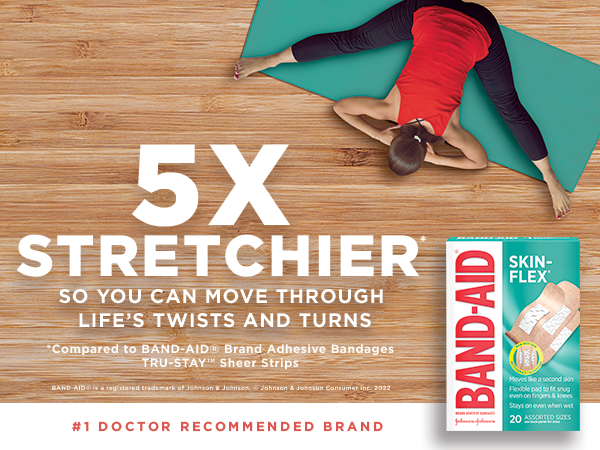Band-Aid Brand Skin Flex packaging over an image of a woman doing yoga