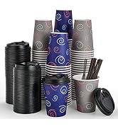 TV TOPVALUE [100 Pack 12 oz Paper Coffee Cups, Disposable Coffee Cups with Lids, and Stirrers, Dr...