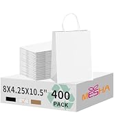 MESHA Gift Paper Bags 400 Pack 8X4.25X10.5 White Medium Shopping Kraft Bags Bulk with Handles Reu...