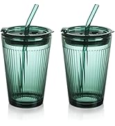 Joeyan Glass Tumbler with Straw and Lid,Green Glasses Water Cup with Straw,Colored Glass Drinking...