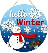 Snowman Winter Wreath for Front Door, Welcome Door Sign with Snowflakes, Rustic Christmas & New Y...