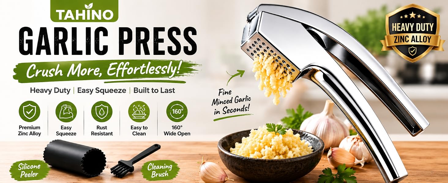 TAHINO Zinc Alloy Garlic Press and Mincer with Easy-Squeeze Handles and Rust-Resistant Design