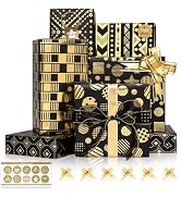 Larcenciel Gift Wrapping Paper Set w/Gift Bow & Sticker, Metallic Black Gold Foil Wrapping Paper,...