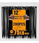 Black Zip Ties12 Inch 200 pcs, UV Resistant Cable TiesIndustrial Multi-Purpose with 75Pounds Tens...