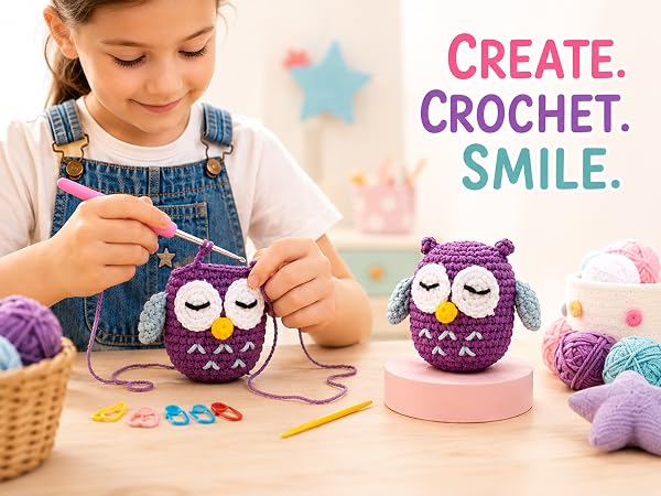 child crocheting owl amigurumi crochet kit for beginners kids ages 8-12 easy