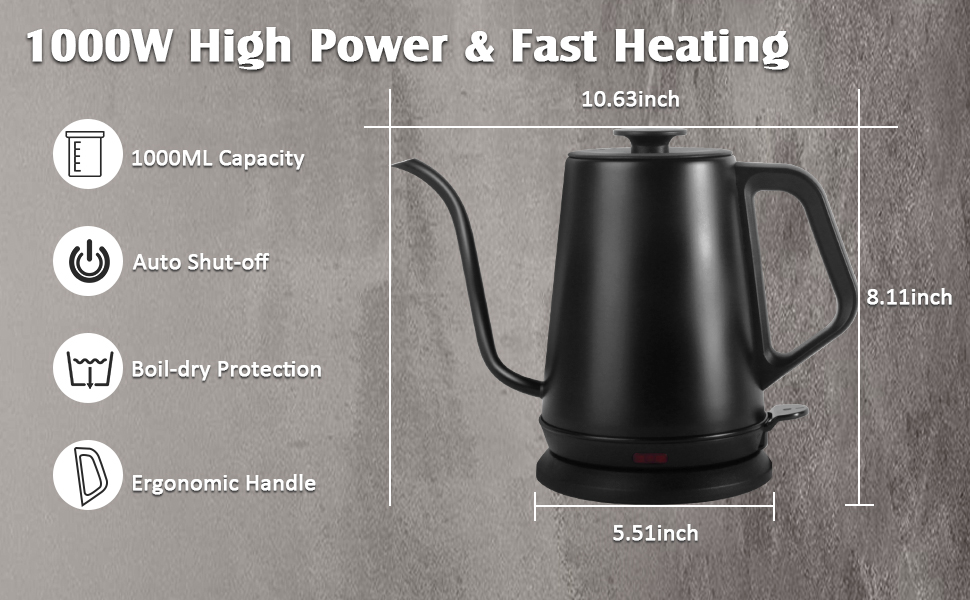 1L Electric Gooseneck Kettle, Tea Kettle for Boiling Water