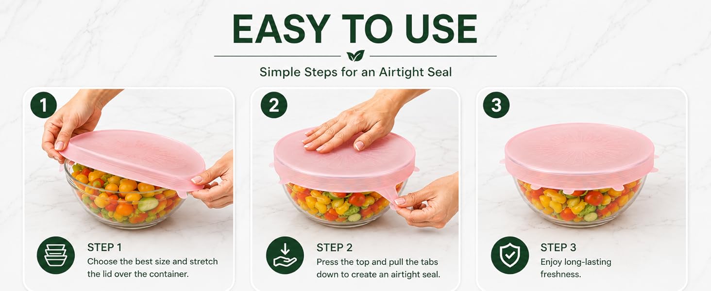 Step by step instructions showing how to apply silicone stretch lids on food containers.