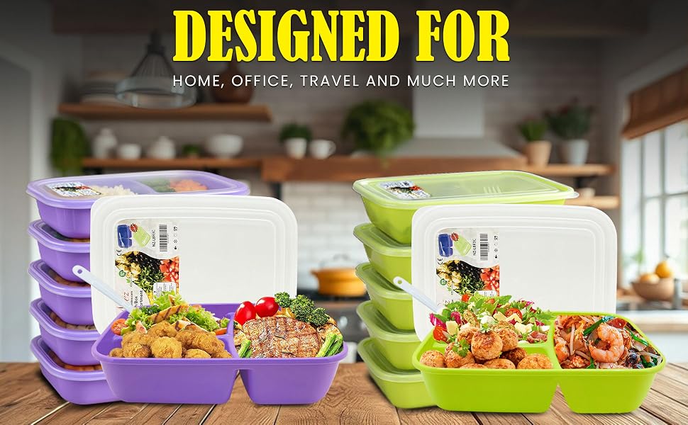 3 Compartment, Meal Prep Lunch Box with Lids, Microwave Safe & Sectioned Food Containers