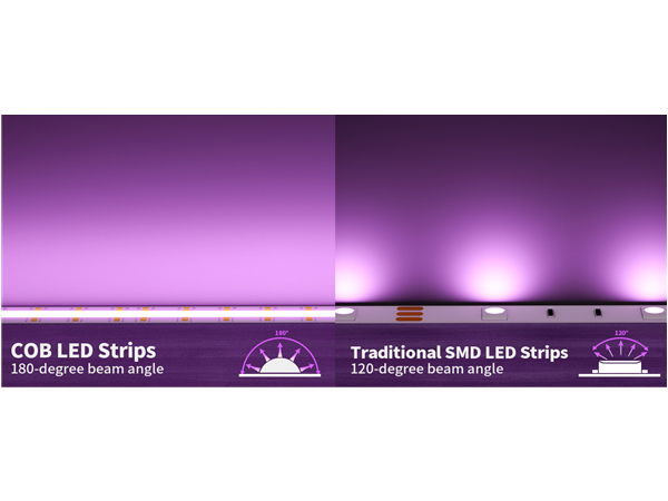 Comparison of COB LED strips and traditional SMD LED strips, showing difference in beam angle and light dispersion on a purple background.