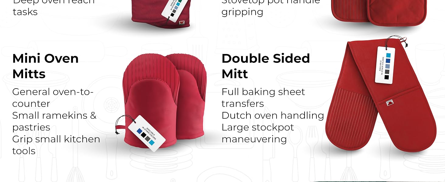 Choose your mitts from mini sized, standard sized, double sided mitt, or pot holders!
