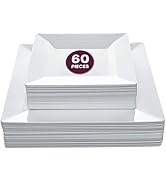 Aya's 60ct White Square Disposable Plates - Heavy Duty Plastic Party Plates for Christmas, Thanks...