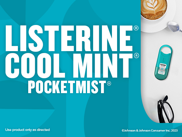 Listerine Cool Mint PocketMist sitting on a desk near a cup of coffee to tackle bad breath germs