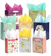 8 Pack Floral Kraft Paper Gift Bags Assorted Sizes (2 Large 13", 3 Medium 9.6",3 Small 6.3") with...