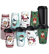 RUSPEPA 16oz Disposable Paper Coffee Cups with Lids - 48 Pack Snowman, Nutcracker Soldier Designs...