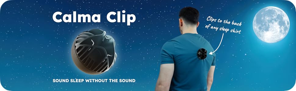 Calma Clip anti snoring sleep device clipped to back of sleep shirt to encourage side sleeping