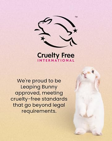 Text reads: 'Cruelty Free, We're proud to be Leaping Bunny approved, meeting cruelty-free standards that go beyond legal requirements.' White bunny illustrations on pink gradient background.