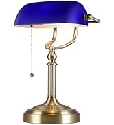Newrays Blue Glass Bankers Desk Lamp with Pull Chain Switch Plug in Fixture for Home Office,Library