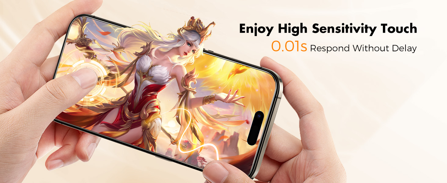 Hands holding smartphone displaying colorful fantasy game. Text overlay: 'Enjoy High Sensitivity Touch 0.01s Respond Without Delay'.
