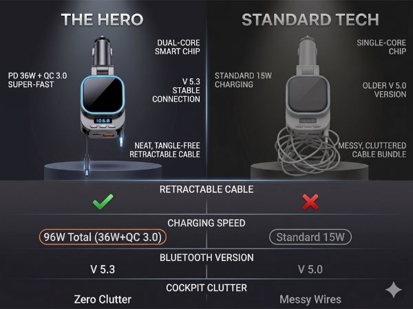 best retractable car charger fm transmitter fast charging vs standard messy cable adapter
