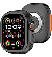 Smart watch interface displays showing various screens including time (10:09), fitness metrics, and digital compass. Device has black case with orange accents.
