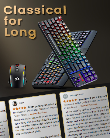 Text reads 'Classical Long for'. Shows RGB mechanical gaming keyboard with illuminated keys and what appears to be product reviews displayed on mobile devices.