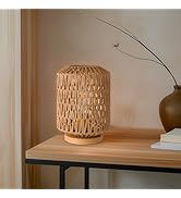Fengarolam Farmhouse Rattan Table Lamp, Rattan Wicker Table Lamp Metal Base, Handmade Boho Bedsid...